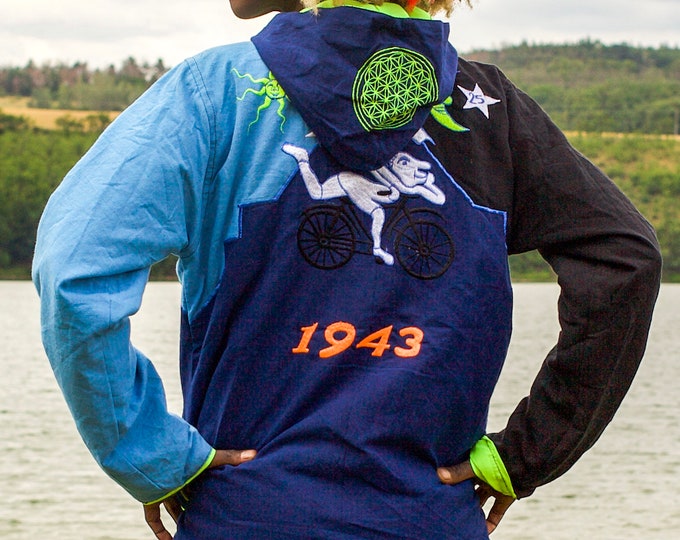 LSD Bicycle Day UV jacket in Blue & Black - blacklight active 4 pockets flower of life hoody Albert Hofmann vintage art psychedelic clothing