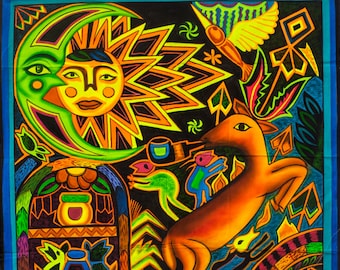 Visionary Peyote UV Artwork - 100x100cm - painted on order - fully blacklight glowing colors - huichol spirit artwork