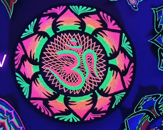 UV Blacklight Aum Mandala Embroidery Cosmic Music Goa Trance Festival OM Psytrance Big Size Patch with maximum neon glowing effect