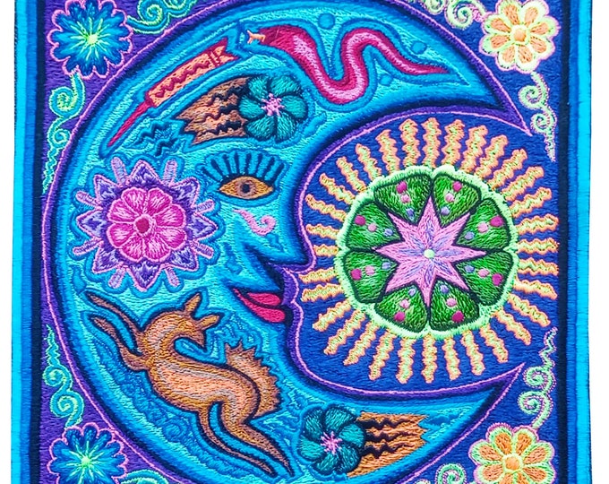 Huichol Blue Moon peyote embroidery art shaman artwork mescaline blacklight glowing magic cactus deer indigene decoration