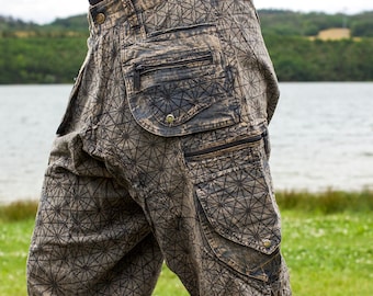 Asanoha Hemp pattern Pants - 2 in 1 Flower of Life shorts and long pants - 9 pockets handmade sacred cannabis geometry clamdiggers