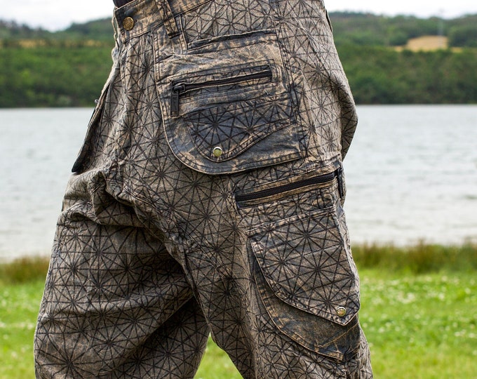 Asanoha Hemp pattern Pants - 2 in 1 Flower of Life shorts and long pants - 9 pockets handmade sacred cannabis geometry clamdiggers