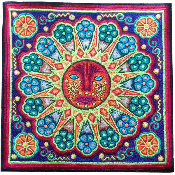 Huichol Peyote Sol bordado arte psicodélico arte mescalina luz negra colores brillantes sol chamánico curación mandala