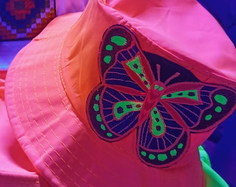 Butterfly Fisher Hat UV Orange blacklight glowing with embroidery patch psychedelic trance goatrance hippie fisherhat beautiful hippie hat