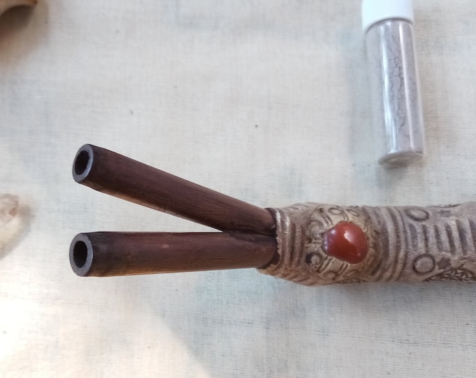 Double Tepi Rapè applicator - Traditionally used in Ayahuasca or Kambo ceremonies - handmade bamboo pipe with red jasper gem crystal