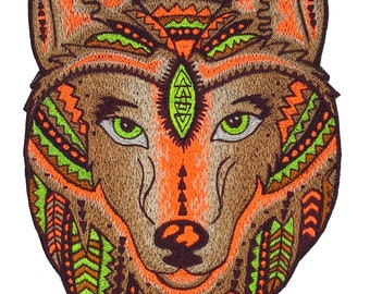 Wisdom Wolf UV Patch mit Schwarzlicht leuchtenden Farben - Tier Stickerei neon leuchtend schön und weise Wolf Geist der Psychedelischen Wälder