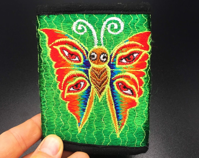 Rainbow butterfly moneypocket - blacklight glowing purse pocket for coins and cards and 2 for papermoney hook & loop buddha eyes goa wallet