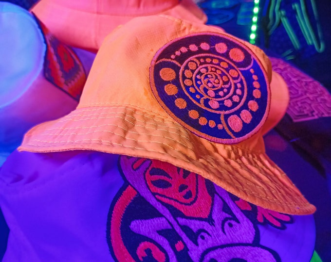Attributes Crop Circle Fisher Hat UV blacklight glowing with embroidery patch sacred geometry alien art extraterrestrial beauty psychedelic
