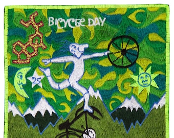 Green Bicycle Day Patch Psychedelic Dr. Albert Hofmann discovery of LSD vintage artwork Timothy Leary acid blotter art Bicycleday embroidery