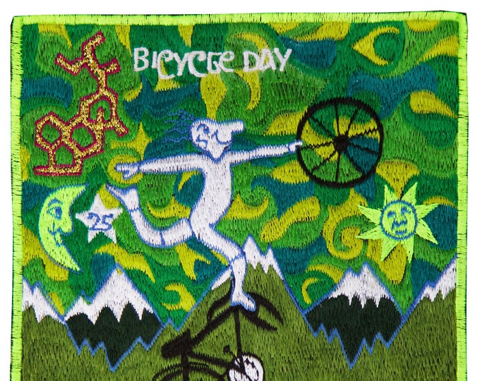 Green Bicycle Day Patch Psychedelic Dr. Albert Hofmann discovery of LSD vintage artwork Timothy Leary acid blotter art Bicycleday embroidery