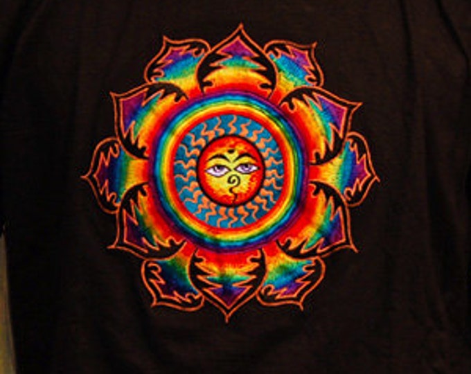 Rainbow Eyes of Buddha Sun T-Shirt - sacred healing geometry crop circle handmade embroidery no print