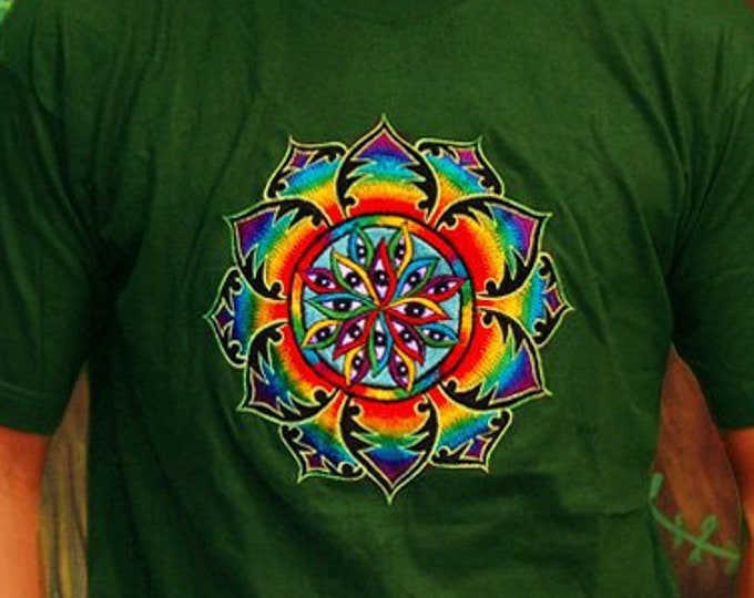 Expanded Consciousness T-Shirt - visonary mandala handmade embroidery no print LSD art many rainbow eyes psychedelic yantra