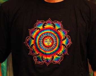 Rainbow Eyes of Buddha Sun T-Shirt - sacred healing geometry crop circle handmade embroidery no print