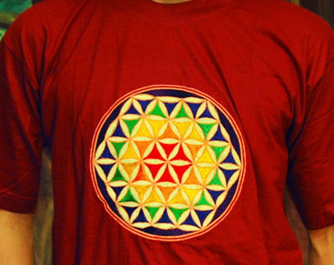 Rainbow Flower of Life T-Shirt - sacred healing geometry flower of life handmade embroidery no print