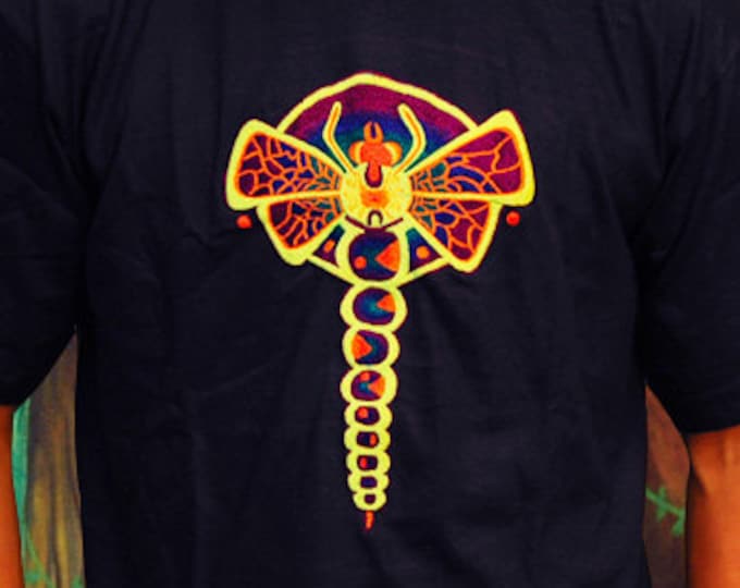 Dragonfly crop circle T-Shirt rainbow mandala blacklight handmade embroidery no print psy t-shirt