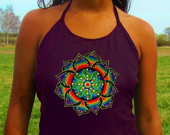 rainbow tidcombe crop circle women top shirt psychedelic handmade no print goa tank t-shirt blacklight active