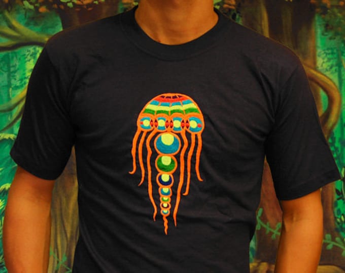 orange Yellyfish crop circle T-Shirt blacklight handmade embroidery no print goa t-shirt