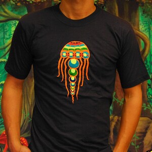 orange Yellyfish crop circle T-Shirt blacklight handmade embroidery no print goa t-shirt