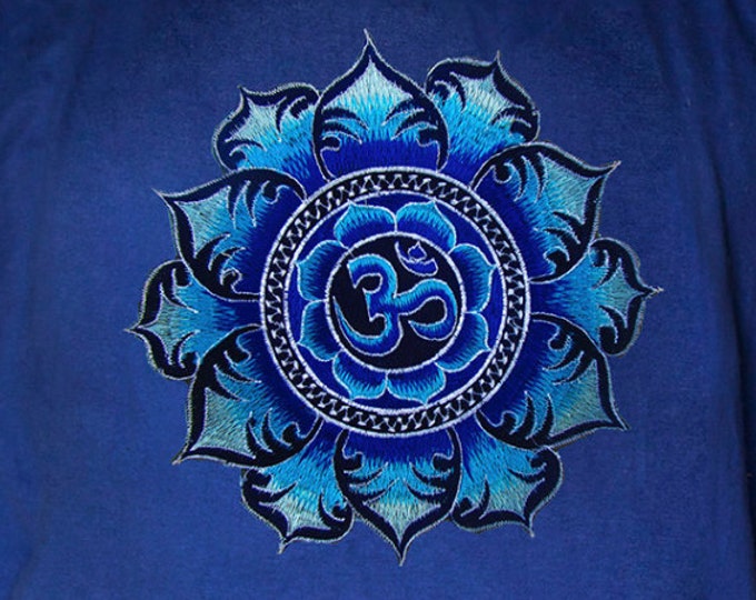 Blue AUM T-Shirt blacklight handmade embroidery no print OM yantra goa t-shirt