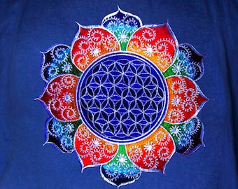 Flower of Life shirt rainbow fractal white - sacred geometry embroidery no print drunvalo melchizedek handmade - choose any colour and size