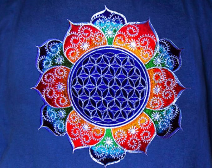Flower of Life shirt rainbow fractal white - sacred geometry embroidery no print drunvalo melchizedek handmade - choose any colour and size