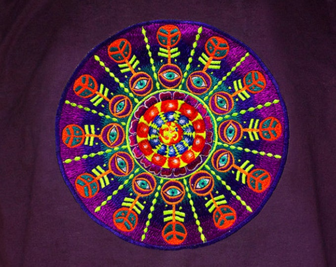 AUM consciousness T-Shirt blacklight handmade embroidery no print OM yantra goa t-shirt