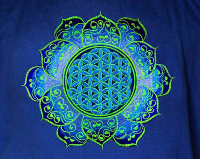 Blue Flower of Life T-Shirt celtic mandala  - sacred geometry embroidery no print drunvalo melchizedek handmade - choose any colour and size