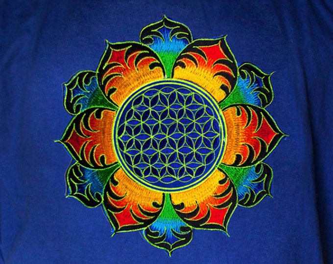 Flower of Life mandala shirt - rainbow sacred geometry embroidery no print divine healing yantra handmade - choose any colour and size