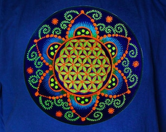 Fractal Flower of Life T-Shirt - sacred healing geometry flower of life handmade embroidery no print crop circle torino italy psychedelic