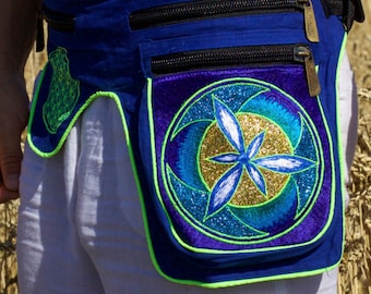 Beltbag Golden Blue flower - 7 pockets, strong ziplocks, size adjustable - hook & loop and clip - blacklight active lines flower of life