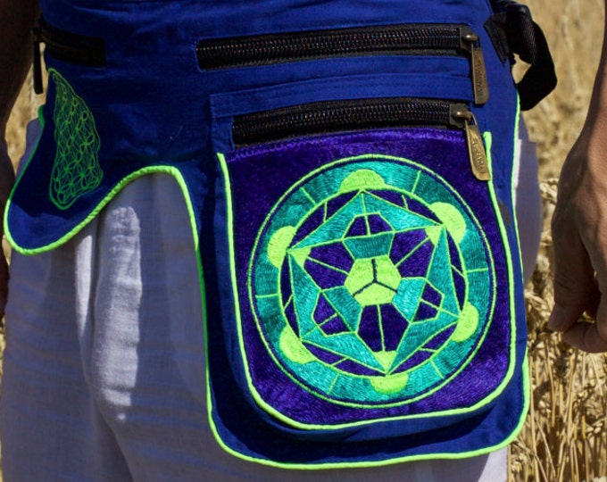 Beltbag hyperspace object - 7 pockets, strong ziplocks, size adjustable - hook & loop and clip - blacklight active lines flower of life