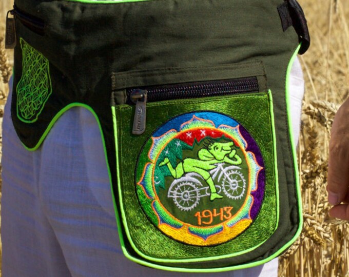 Beltbag hofmann mandala - 7 pockets strong ziplocks size adjustable with hook & loop and clip - blacklight active cosmic music goatrance