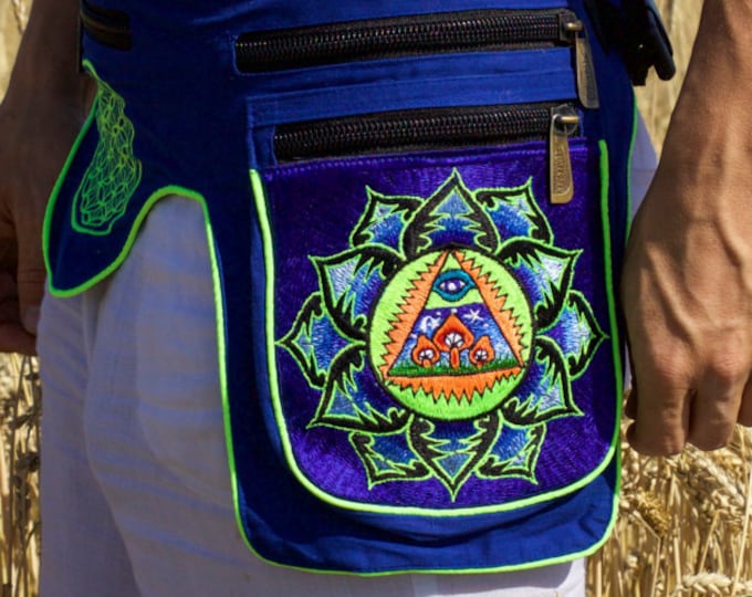 Beltbag Mushroom Illuminati - 7 pockets, strong ziplocks, size adjustable with hook & loop and clip - blacklight active lines flower of life