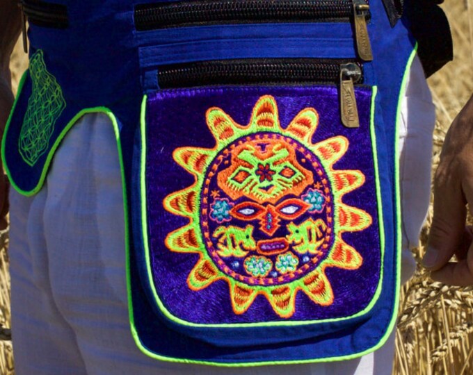 Beltbag Huichol Sunmask - 7 pockets, strong ziplocks, size adjustable with hook & loop and clip - blacklight active lines flower of life