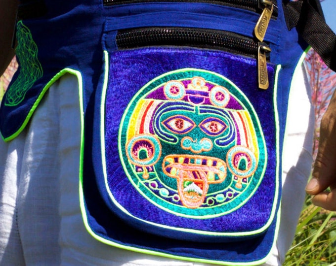 Beltbag blue Hofmann 2012 - 7 pockets, strong ziplocks, size adjustable with hook & loop and clip - blacklight active lines flower of life