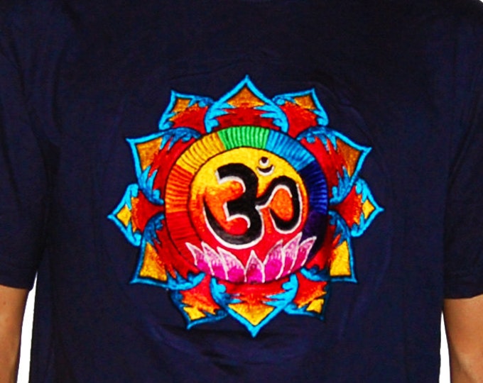 Aum Lotus T-Shirt blacklight aum buddhism rainbow embroidery no print goa t-shirt