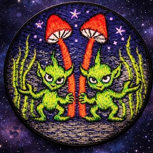 Psychedelischer Pilz Kobold Patch – Bestickter Festival Wald Aufnäher zum Annähen