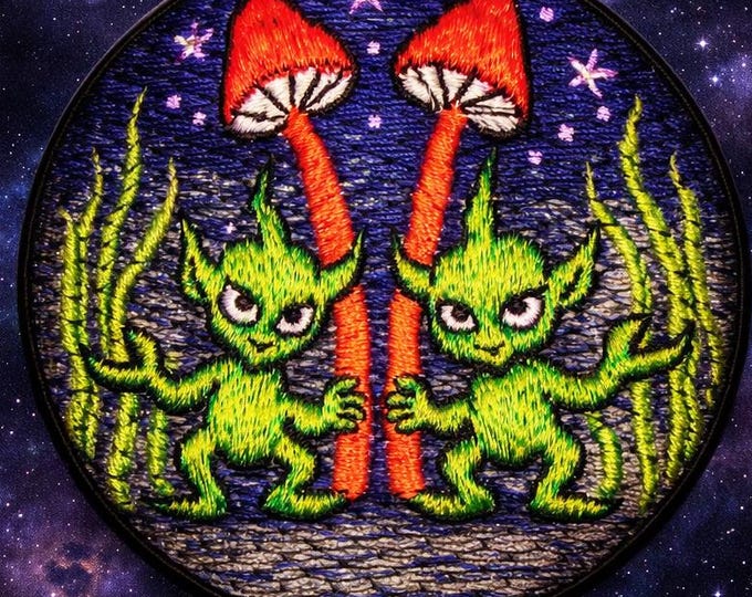 Mushroom Goblin Embroidered Patch – Psychedelic Forest Festival Sew-On Badge