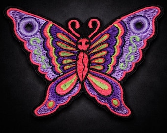 Purple Mirror Butterfly Embroidered Patch – UV Reactive Festival Sew-On Badge