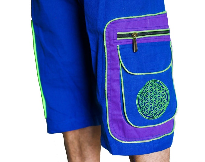 Design your psy pant - 8 pockets, 4 with hock&loop, 2 with zip lock - any colour and size blacklight active lines flower of life clamdiggers