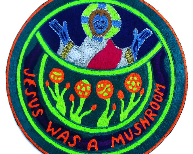 Jesus was a Mushroom T-Shirt blacklight handmade embroidery no print goa t-shirt