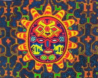 Huichol Shaman Peyote Sun Mask UV Painting - 90x60cm - handmade on order - fully blacklight glowing colors - peyote visionary artwork