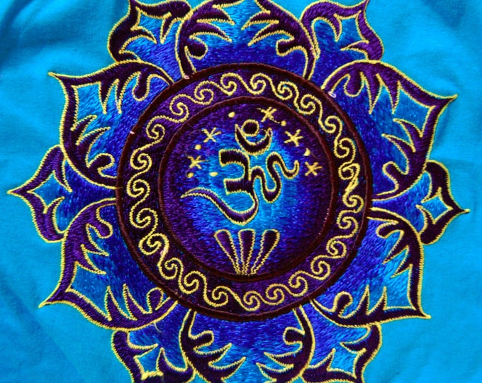 AUM blue mandala T-Shirt blacklight handmade embroidery no print OM yantra goa t-shirt