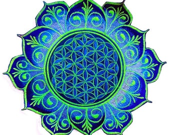 Blue Flower of Life embroidery patch for sew on - holy geometry sacred healing flower mandala