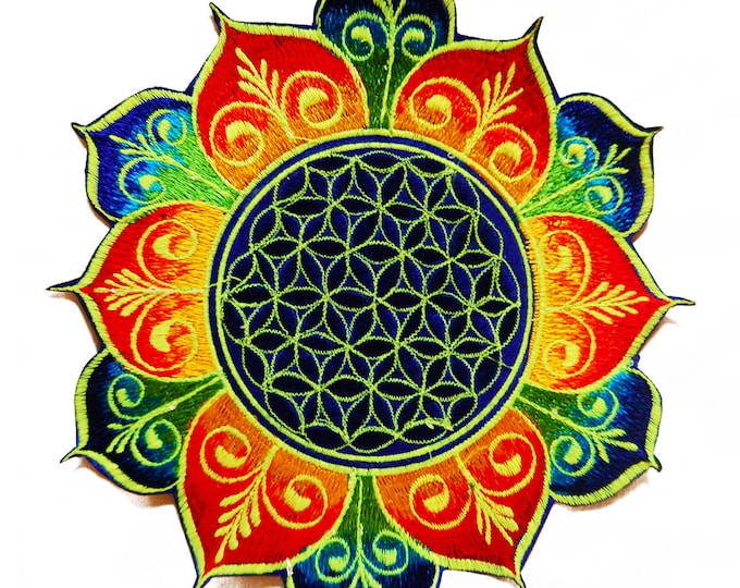 Rainbow Flower of Life mandala holy geometry patch sacred geometry art