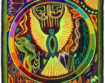 Huichol Golden Eagle peyote embroidery patch shaman artwork mescaline blacklight glowing colors