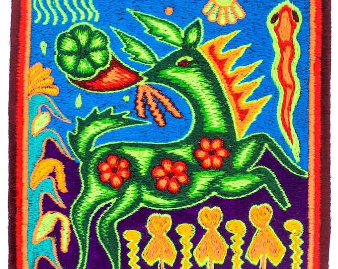 Huichol Peyote Deer Patch – Psychedelic Embroidery with Snake & Mandala – Handmade UV Active Decor