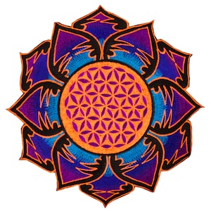 May include: Embroidered patch featuring a stylized lotus flower design. The patch has a vibrant color scheme with blue, purple, and orange hues. The center of the flower features a geometric pattern. The patch is likely for clothing or accessories.