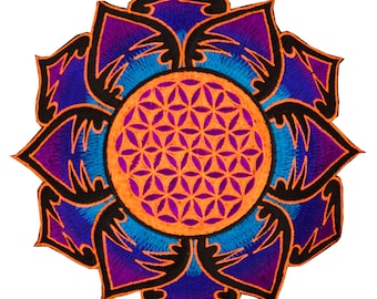 UV orange purple Flower of Life embroidery for sew on - holy geometry sacred blacklight glowing patch