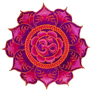 May include: Embroidered patch with a pink and purple mandala design featuring the Om symbol in the center. The mandala has a circular orange border with intricate details.
